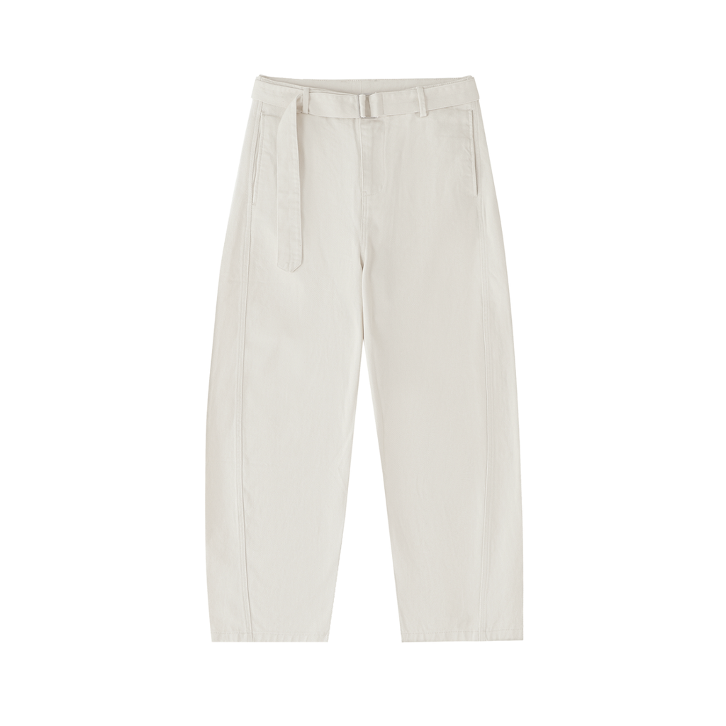Belted Barrel Chino Pant in Beige — front view
